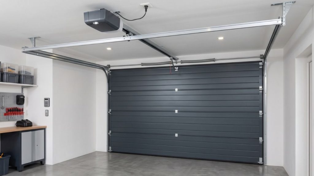 Elektrischer Garagentorantrieb mit Führungsschiene an der Decke über einem anthrazitfarbenen Sektionaltor