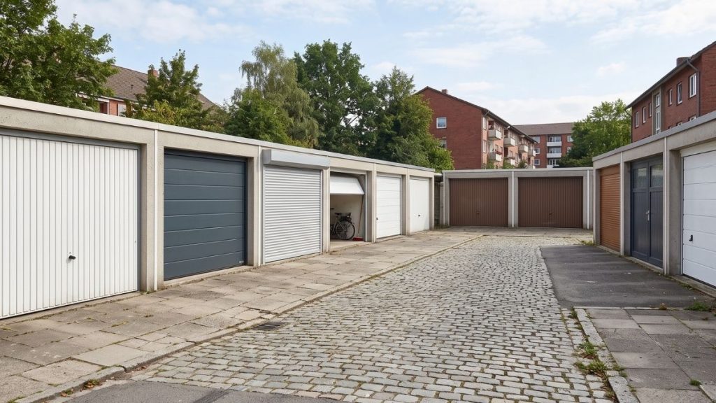 Garagenhof mit verschiedenen Garagentoren: Schwingtore, Sektionaltor und Rolltor nebeneinander