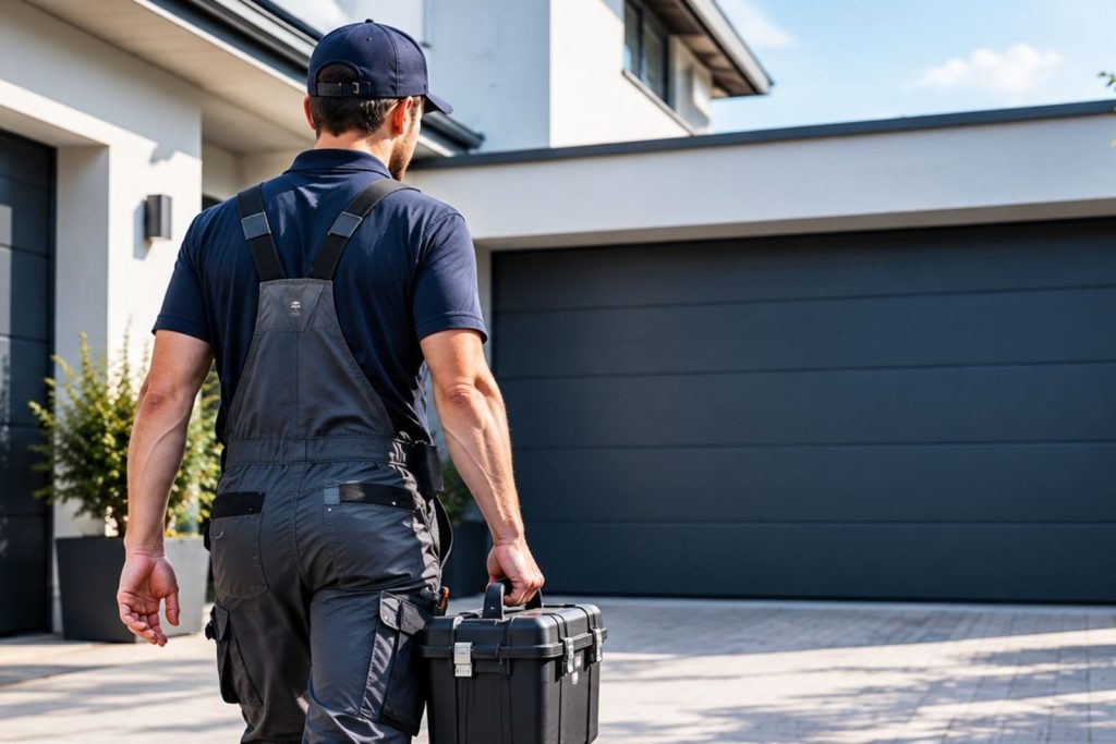 Monteur mit Werkzeugkoffer auf dem Weg zur Montage an einer Garage mit Sektionaltor