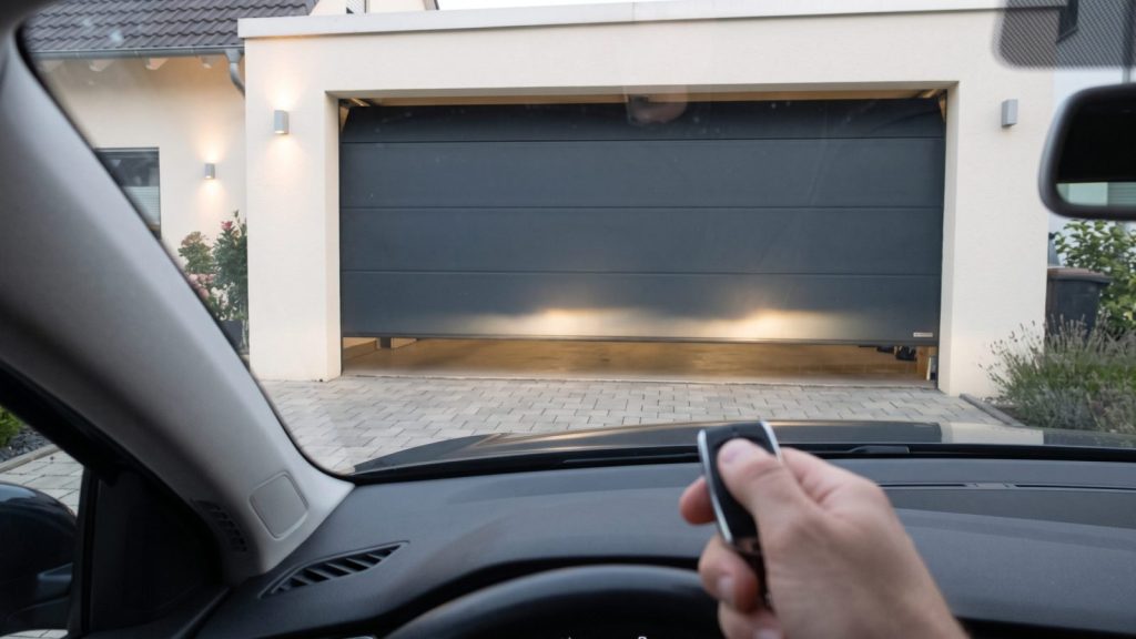 Blick aus dem Auto auf eine Garage: Eine Hand bedient den Handsender, das Sektionaltor öffnet sich