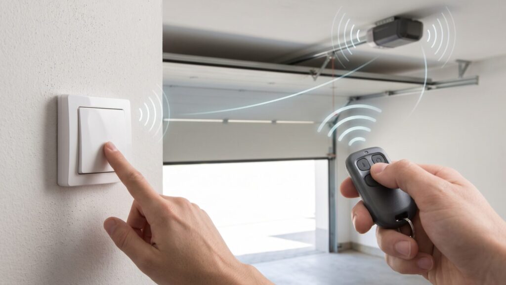 Eine Hand bedient den Wandtaster in der Garage, eine zweite den Handsender; beide funken zum Antrieb an der Decke