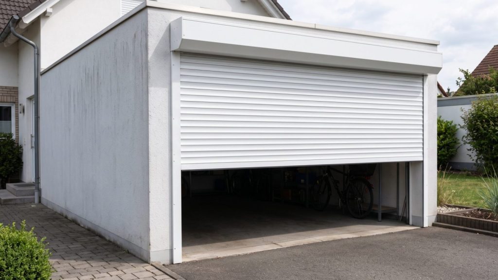 Halb geöffnetes weißes Rolltor an einer Garage, der Wickelkasten sitzt über der Öffnung